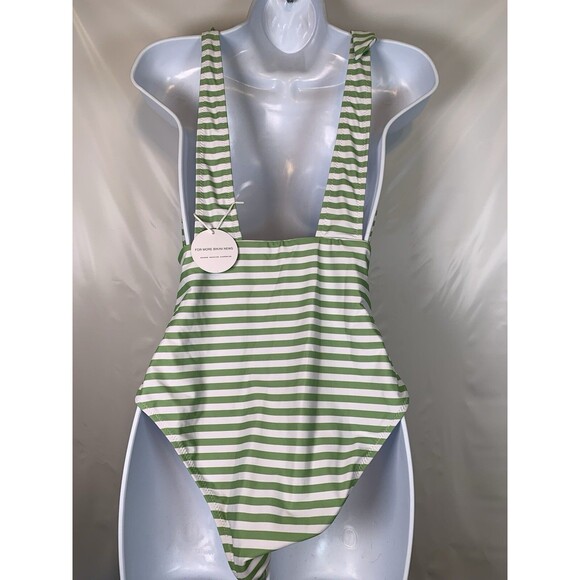 Seaselfie Green White Striped Deep V Neck One Piece Swim Bathing Suit L/XL New - Picture 5 of 5